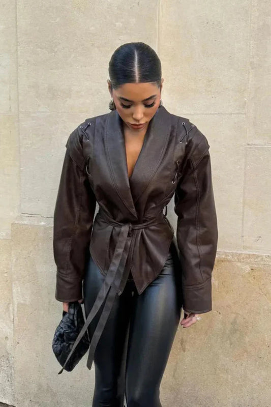 Belted Faux Leather Jacket | Dark Chocolate | Sophisticated with an Edge