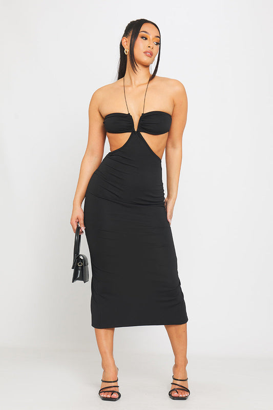 Black Cut-Out Halter Midi Dress | Sleek & Sultry | Timeless Chic