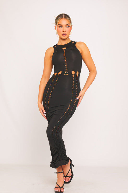 Black Sheer Buckle Detail Maxi Dress | Edgy & Sultry | High-Fashion Glam