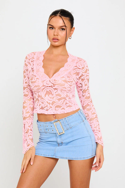 Blossom Set | Sheer Lace Top & Denim Mini Skirt | Playful Contrast