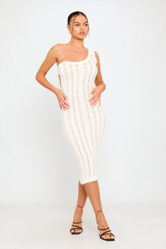 Cream & Gold Striped One-Shoulder Midi Dress | Elegant & Chic | Timeless Glam