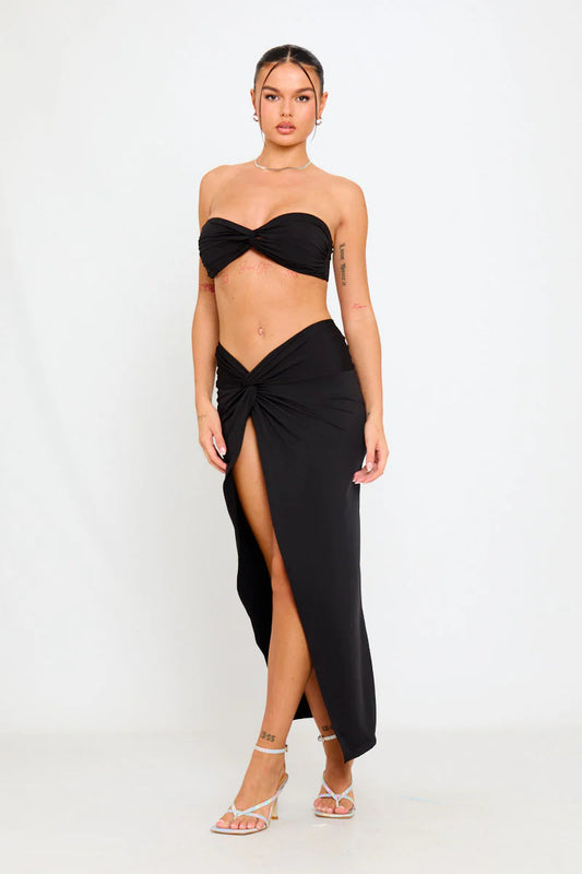 Noir Set | Twist Bandeau Top & High-Slit Maxi Skirt | Elegant All-Black