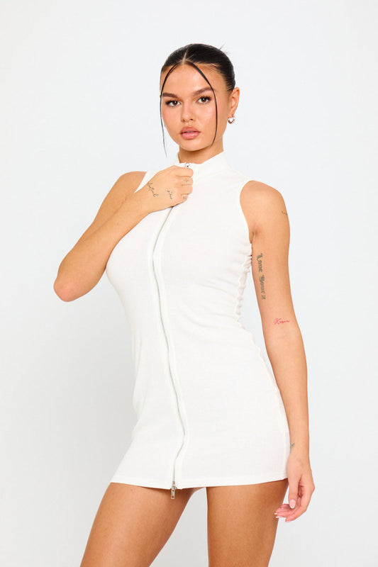 White Zip-Up Sleeveless Mini Dress | Sleek & Sporty | Effortless Chic