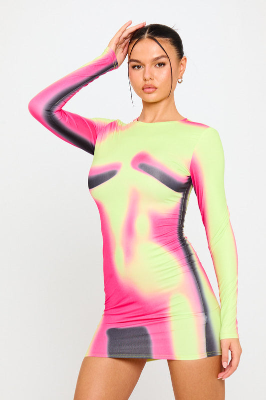 Neon Abstract Print Long-Sleeve Mini Dress | Bold & Futuristic | Statement Style