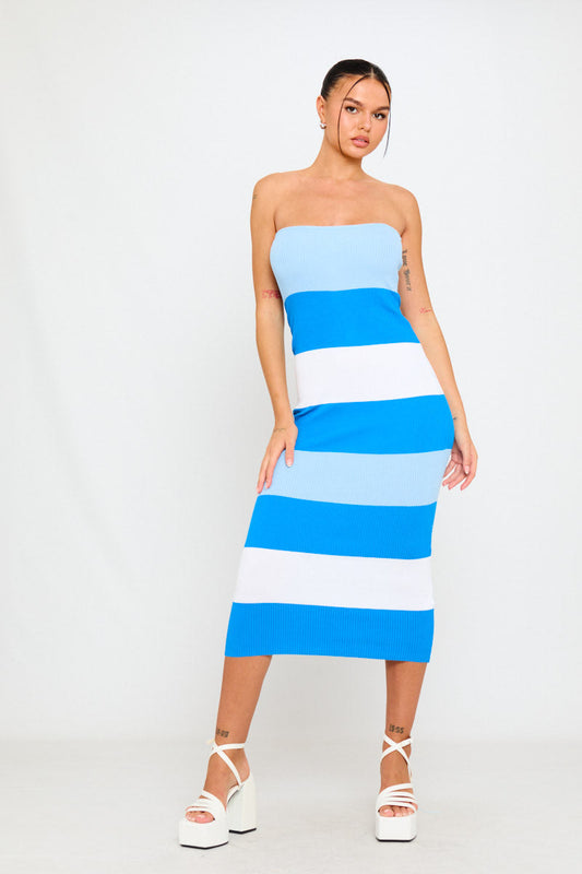 Blue & White Striped Strapless Midi Dress | Fresh & Playful | Summer Chic