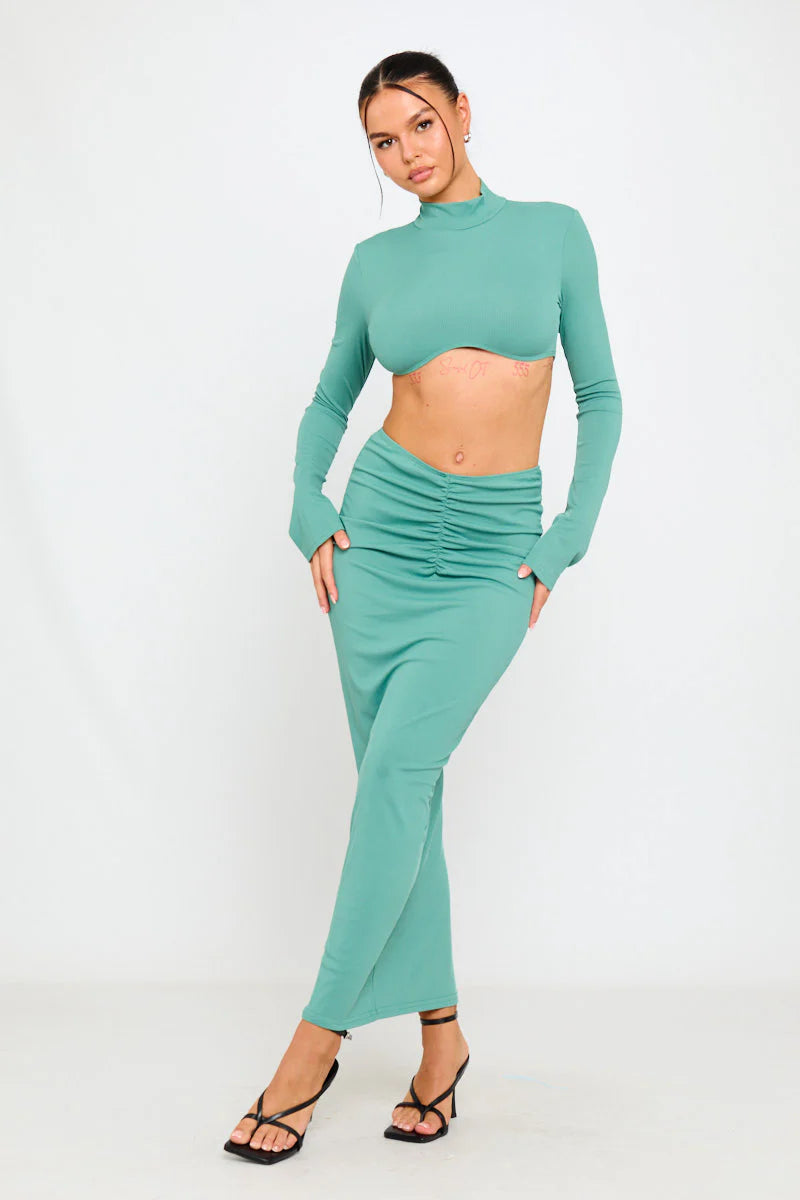 Sage Set | Long Sleeve Crop Top & Ruched Maxi Skirt | Soft Sculpted Elegance