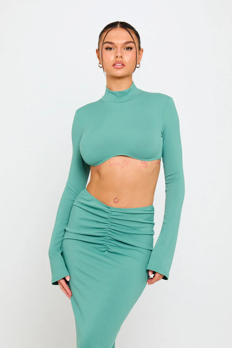 Sage Set | Long Sleeve Crop Top & Ruched Maxi Skirt | Soft Sculpted Elegance