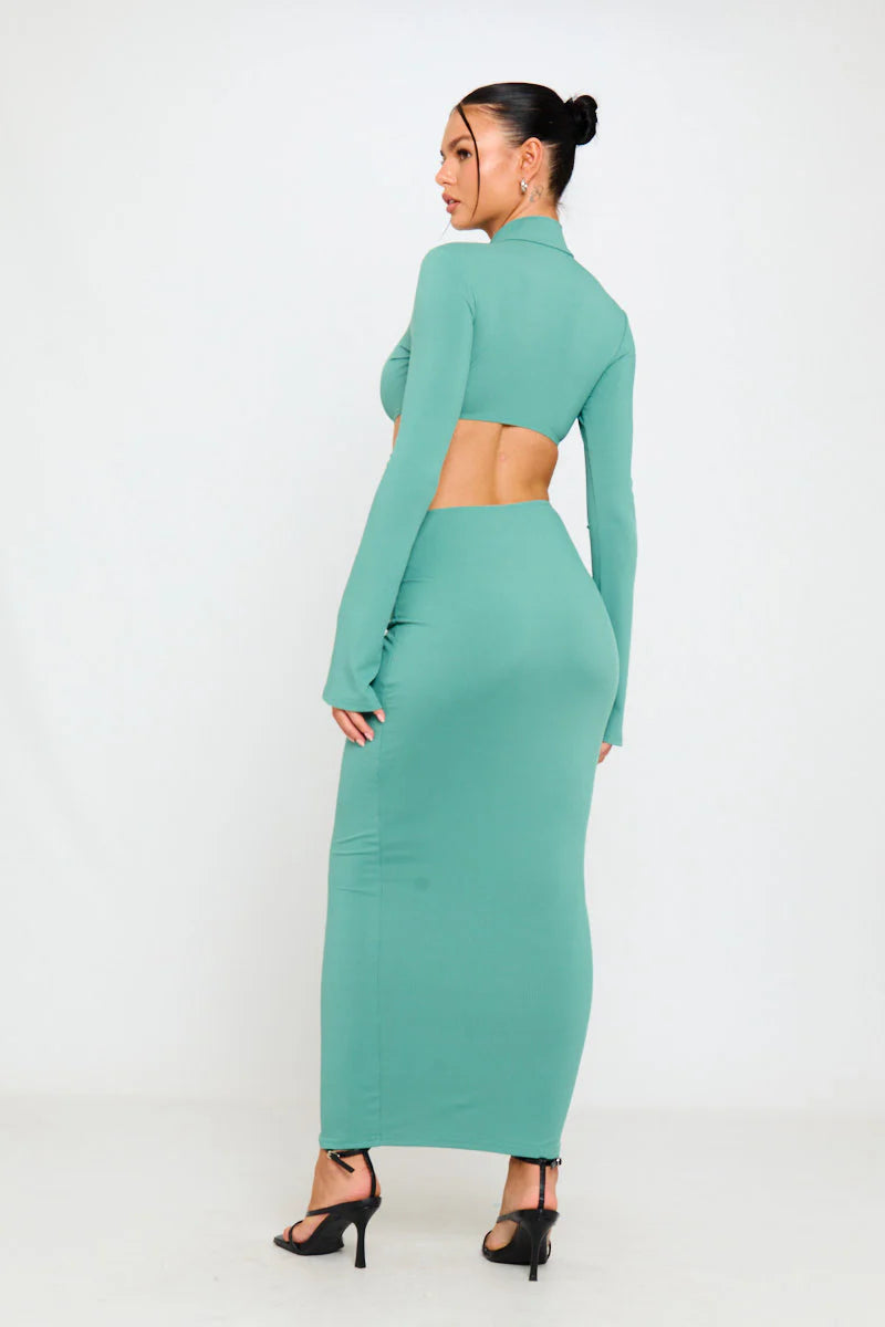 Sage Set | Long Sleeve Crop Top & Ruched Maxi Skirt | Soft Sculpted Elegance