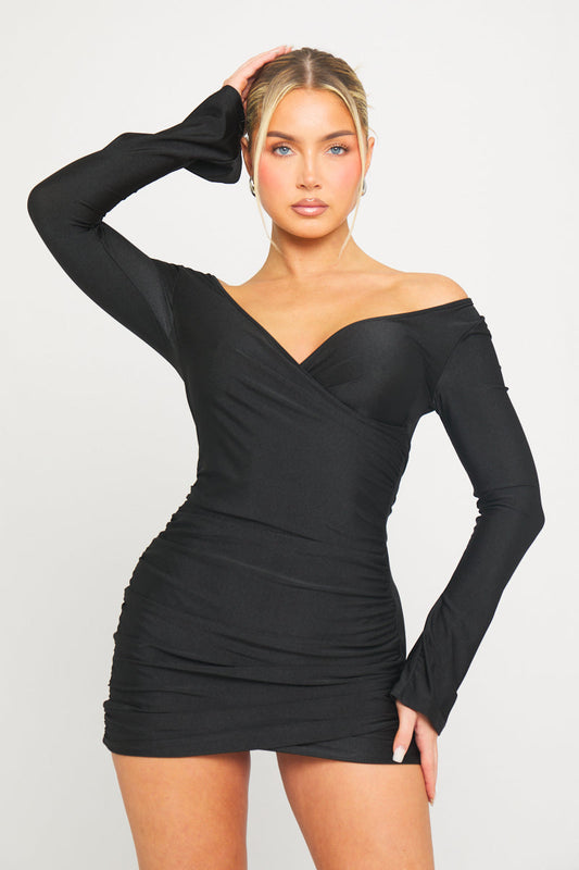 Black Off-Shoulder Ruched Mini Dress | Sultry & Chic | Effortless Elegance