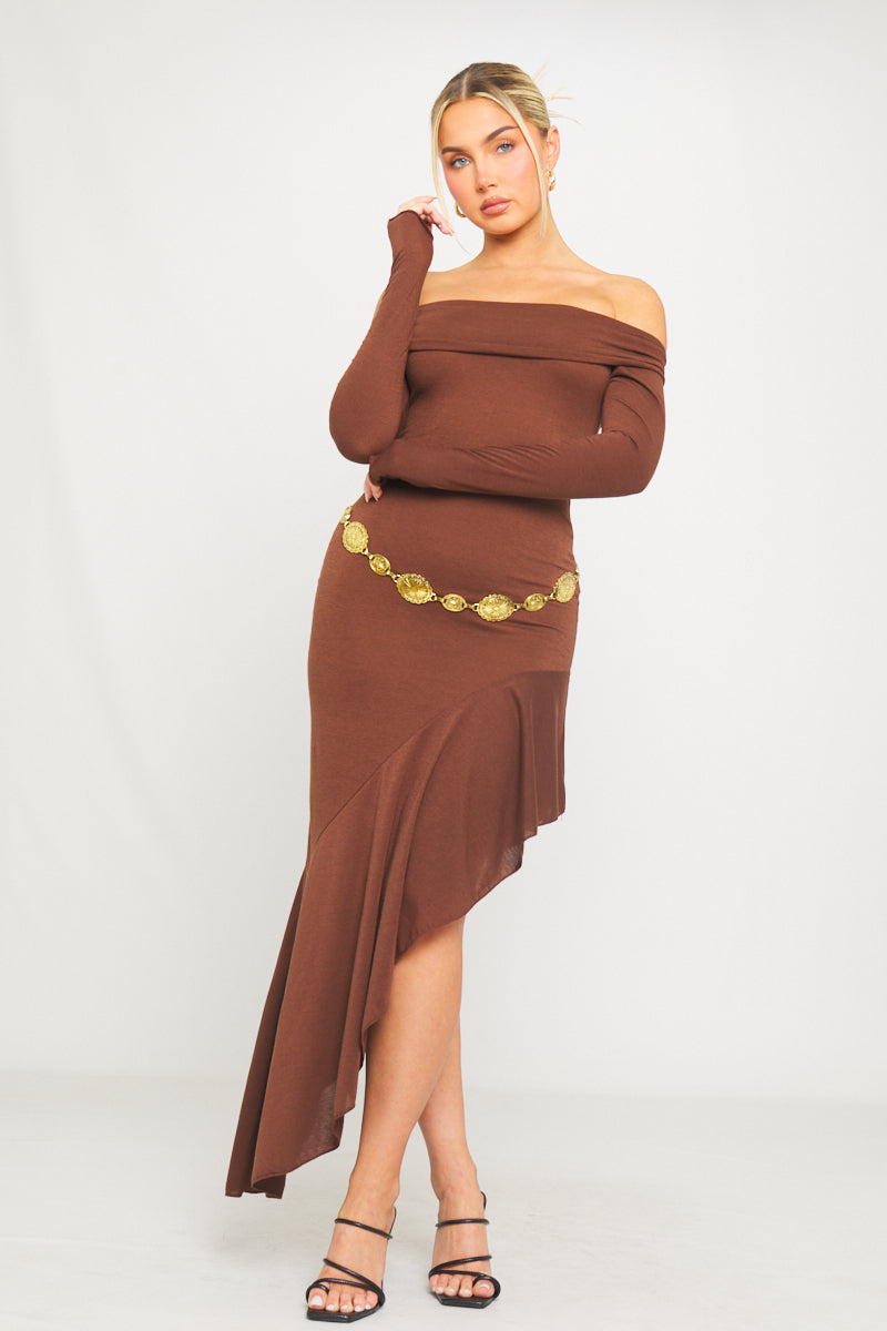 Chocolate Brown Off-Shoulder Maxi Dress | Sultry & Sophisticated | Statement Glam