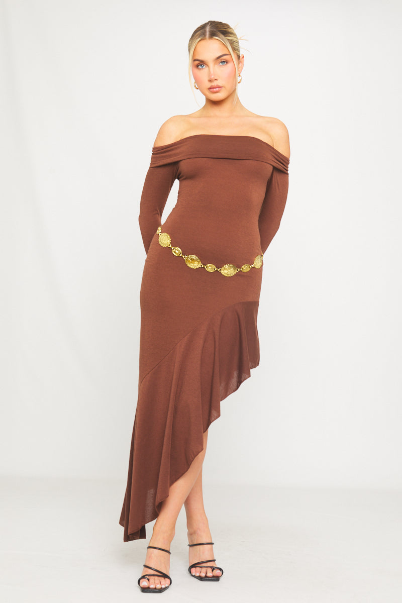Chocolate Brown Off-Shoulder Maxi Dress | Sultry & Sophisticated | Statement Glam