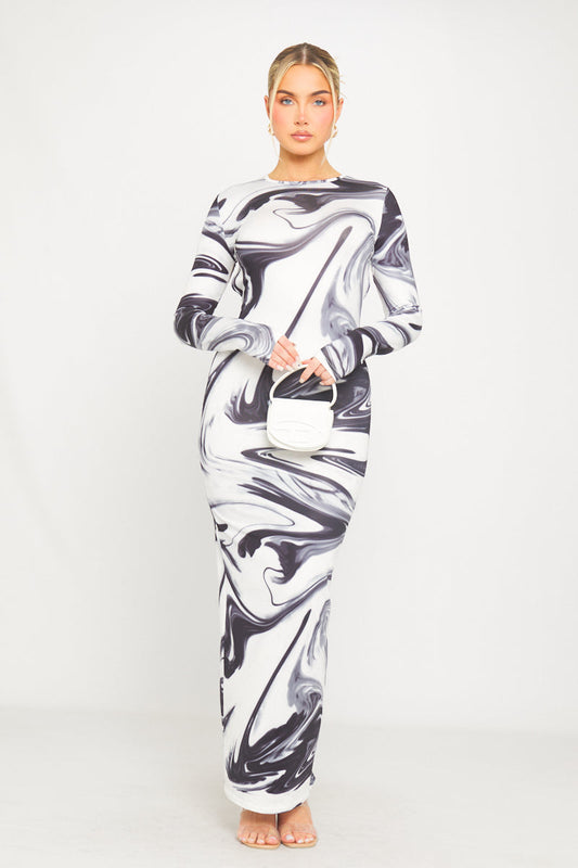 Black & White Marble Print Open-Back Maxi Dress | Modern & Chic | Effortless Elegance