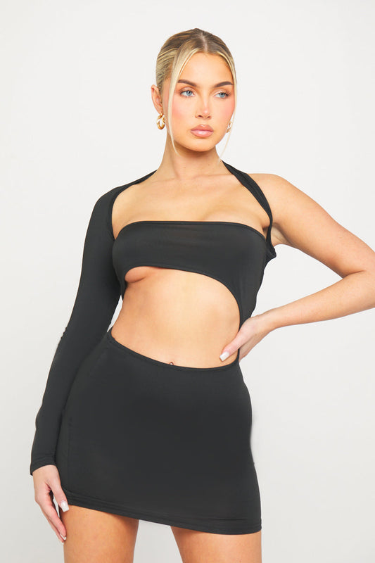 Black Cut-Out One-Sleeve Mini Dress | Edgy & Bold | High-Fashion Statement