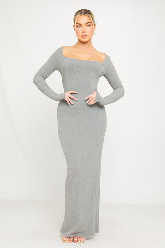 Grey Ribbed Knit Maxi Dress | Off-Shoulder Neckline | Sleek Minimalist Mood
