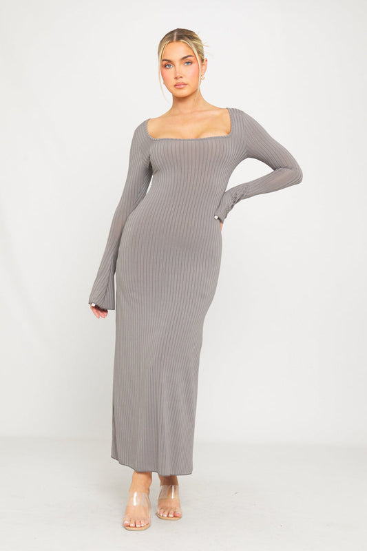 Grey Square Neck Knit Maxi Dress | Elegant & Minimalist | Effortless Chic