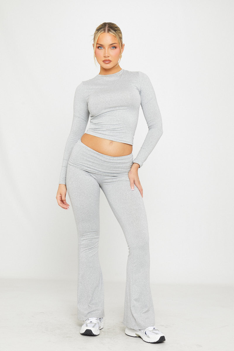 ight Grey Ribbed Knit Lounge Set | Long Sleeve Crop Top & Wide-Leg Pants | Cozy Street Chic