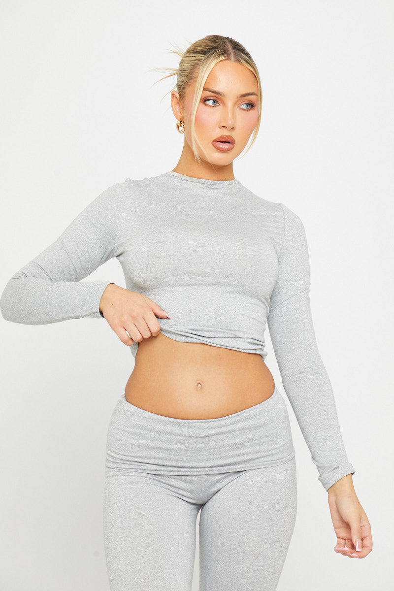 ight Grey Ribbed Knit Lounge Set | Long Sleeve Crop Top & Wide-Leg Pants | Cozy Street Chic