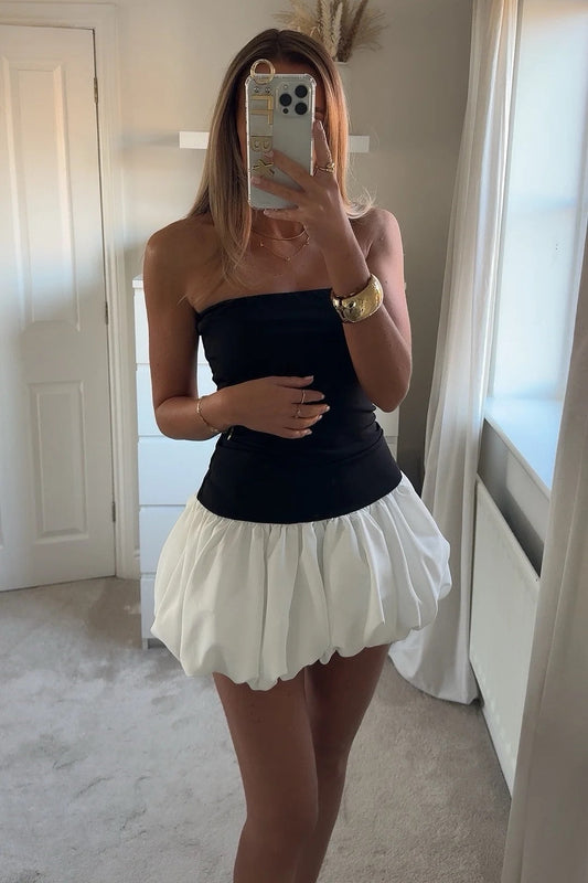 Black & White Strapless Mini Dress | Playful & Chic | Modern Elegance