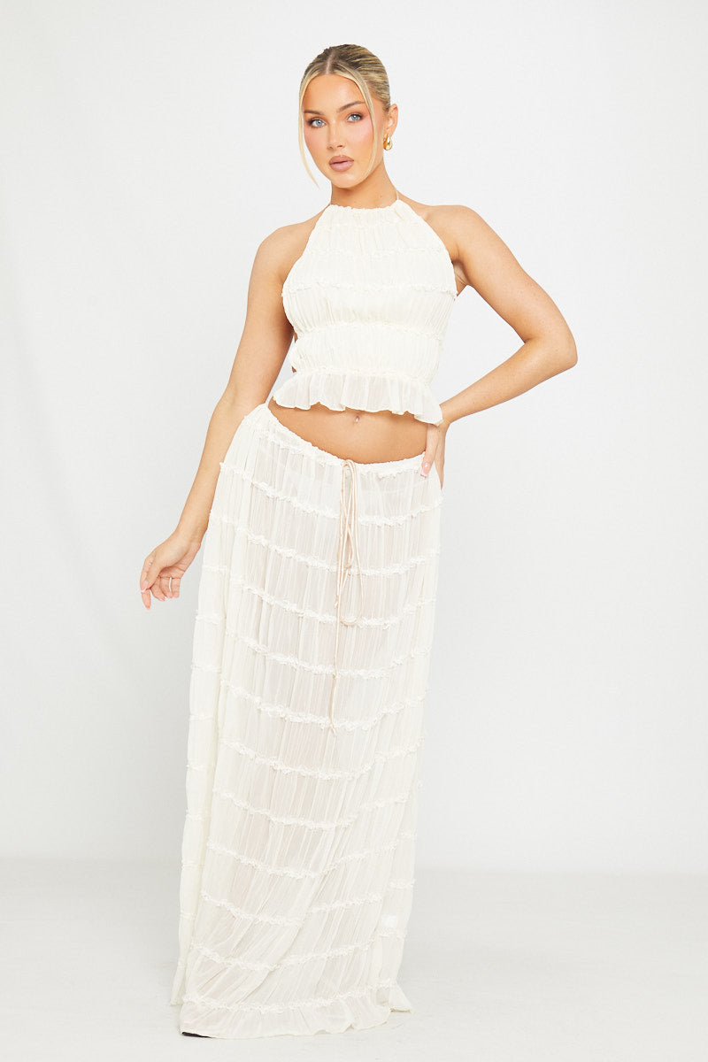 Cream Crochet Halter Two-Piece Set | Boho Maxi Skirt & Crop Top | Island Goddess Vibes