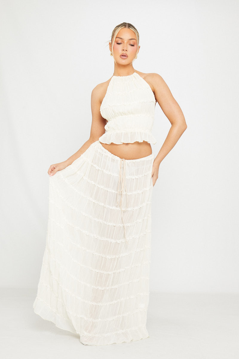 Cream Crochet Halter Two-Piece Set | Boho Maxi Skirt & Crop Top | Island Goddess Vibes