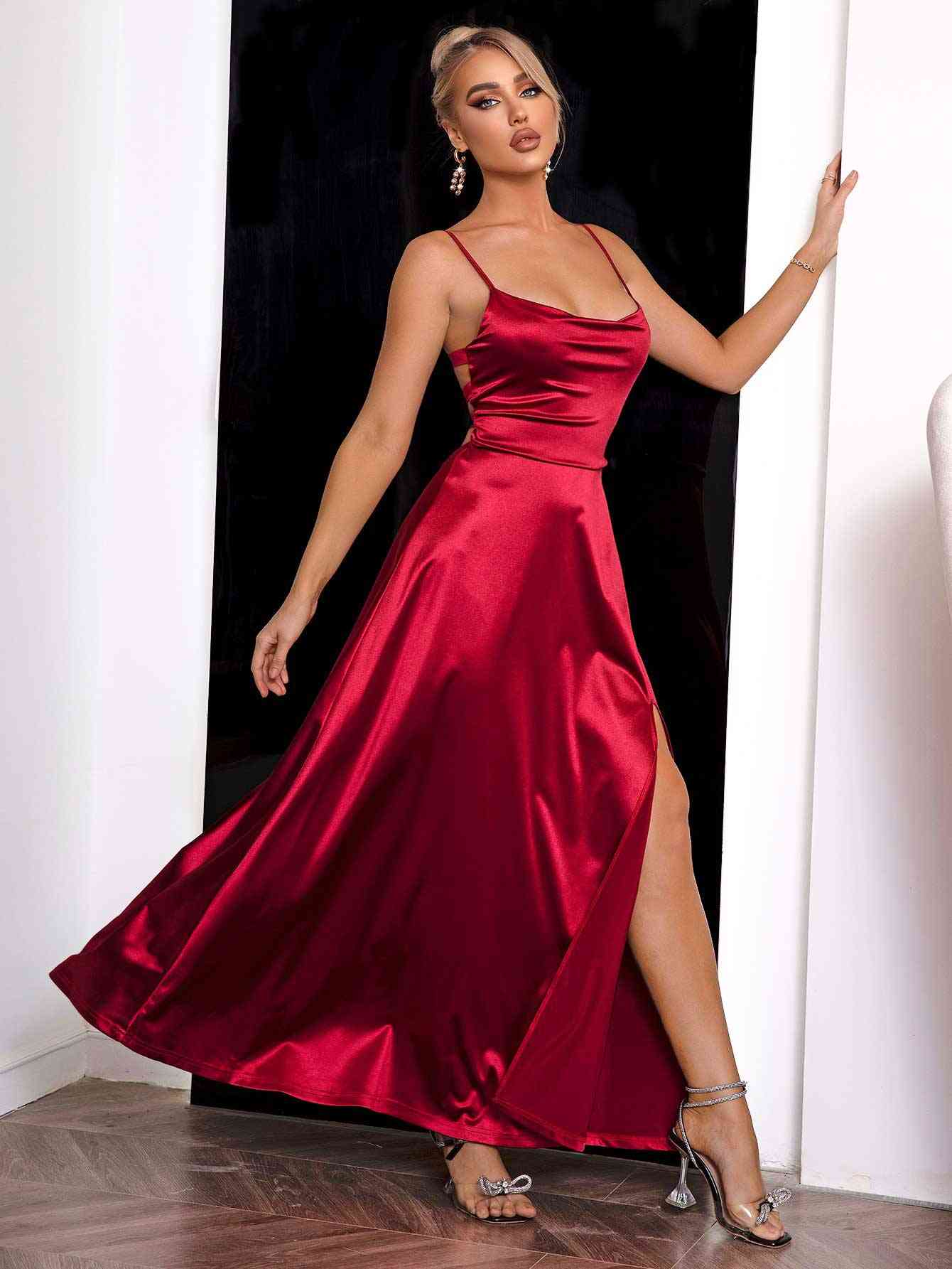 Satin Maxi Dress | Polyester | Square Neck & High Slit