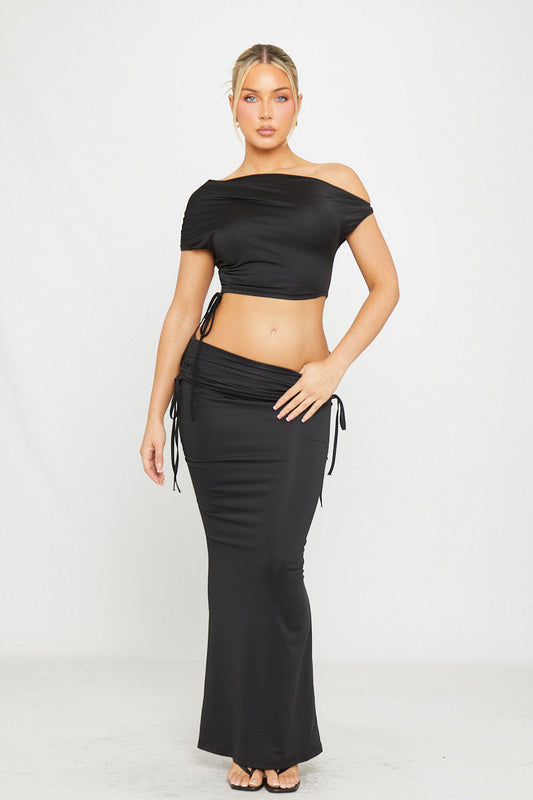 Noir Satin Set | Off-Shoulder Crop Top & Ruched Maxi Skirt | Elegant Black