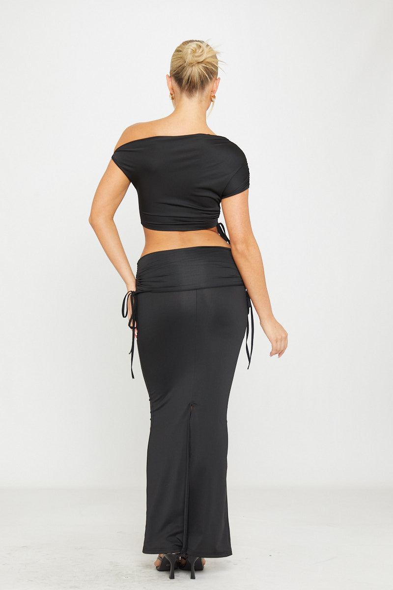 Noir Satin Set | Off-Shoulder Crop Top & Ruched Maxi Skirt | Elegant Black