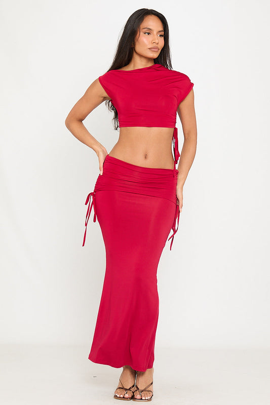 Scarlet Set | Cap Sleeve Crop Top & Ruched Maxi Skirt | Bold Side-Tie Detail