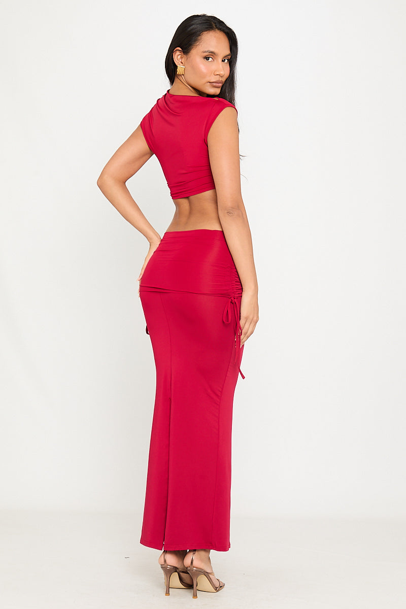 Scarlet Set | Cap Sleeve Crop Top & Ruched Maxi Skirt | Bold Side-Tie Detail