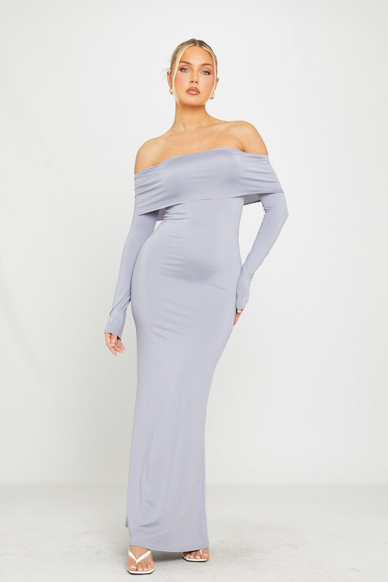 Off-Shoulder Light Grey Maxi Dress | Elegant & Sleek | Timeless Sophistication