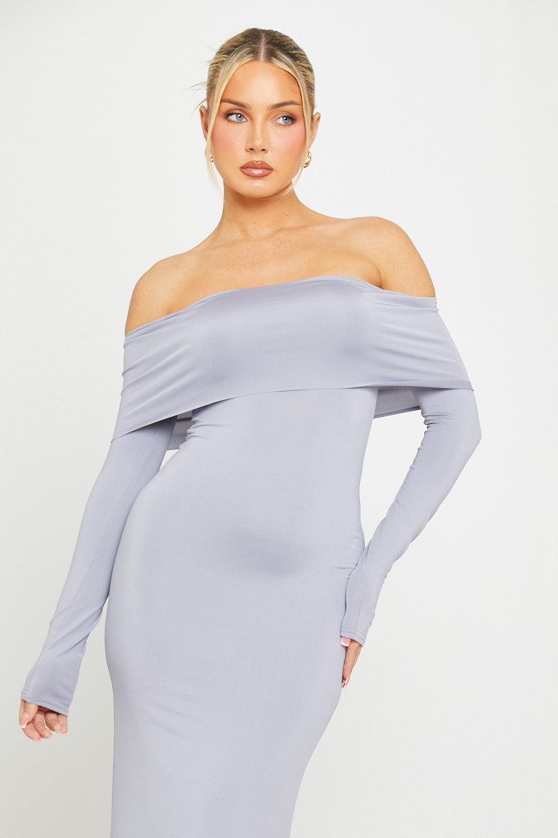 Off-Shoulder Light Grey Maxi Dress | Elegant & Sleek | Timeless Sophistication