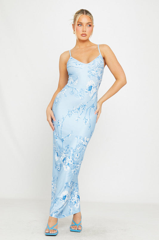 Blue Floral Satin Maxi Dress | Elegant & Romantic | Ethereal Glam