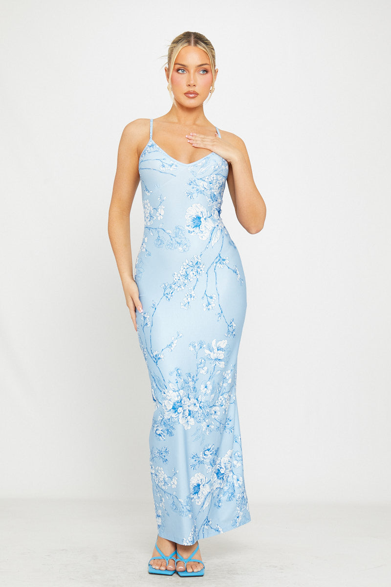 Blue Floral Satin Maxi Dress | Elegant & Romantic | Ethereal Glam