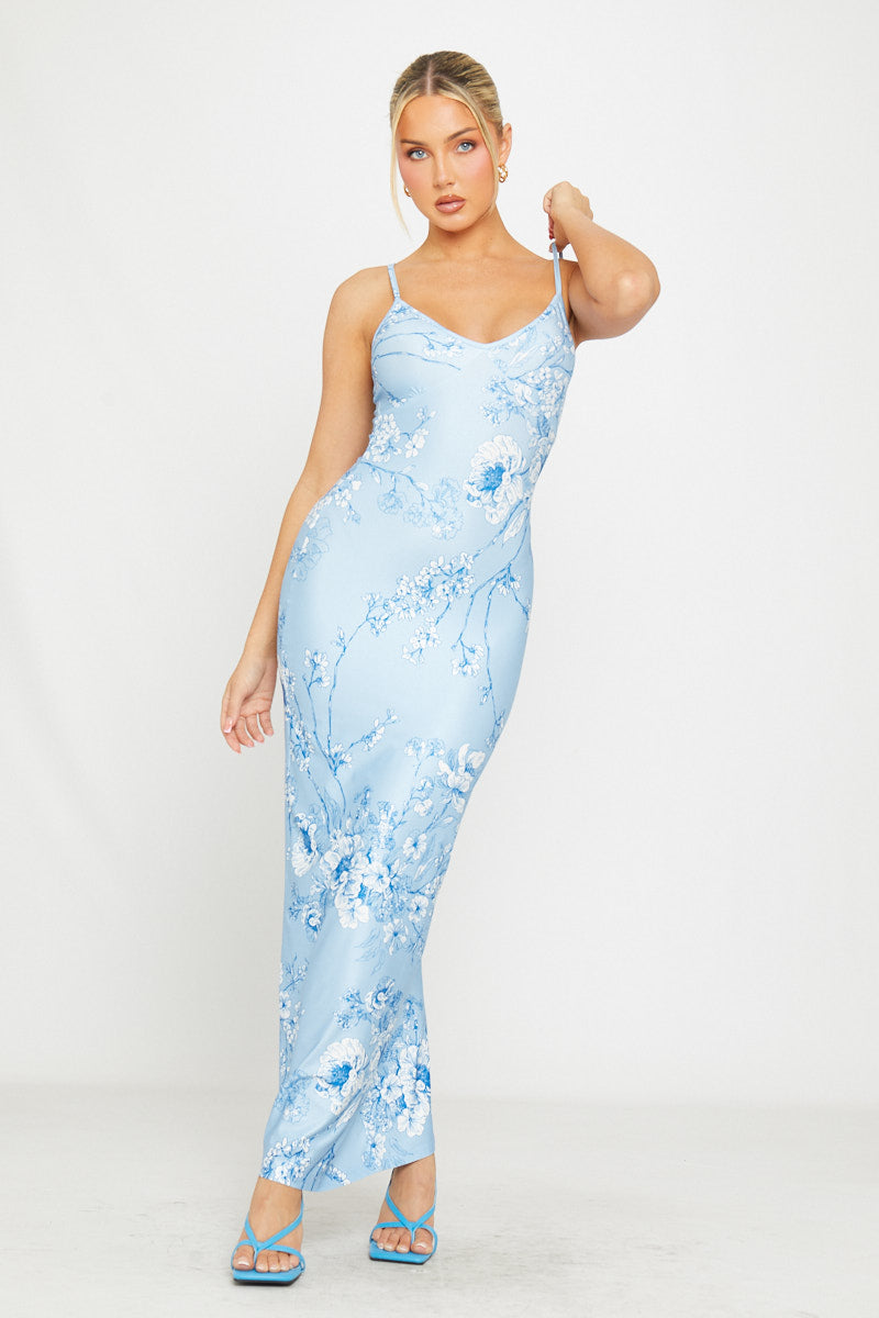 Blue Floral Satin Maxi Dress | Elegant & Romantic | Ethereal Glam