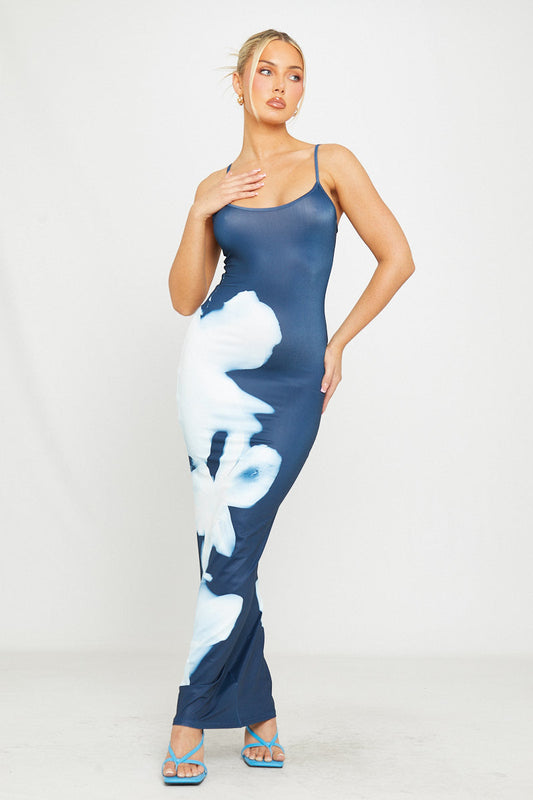 Blue & White Abstract Print Maxi Dress | Sleek & Modern | Effortless Elegance