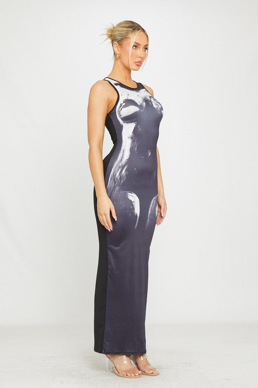 Metallic Illusion Body Print Maxi Dress | Bold & Edgy | Futuristic Chic