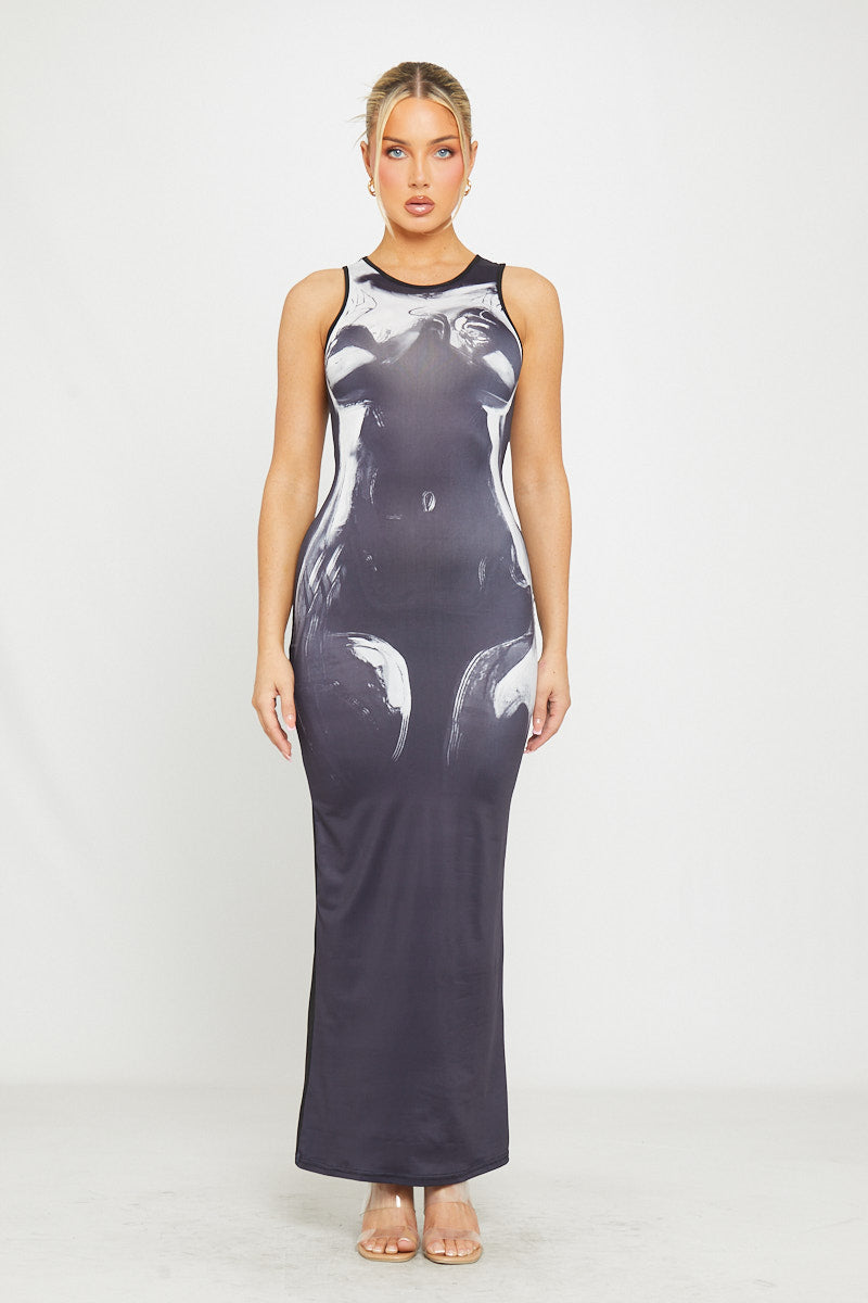 Metallic Illusion Body Print Maxi Dress | Bold & Edgy | Futuristic Chic