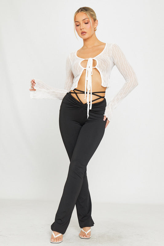 Ivory Tie-Front Top | Sheer Knit | Flared Sleeves