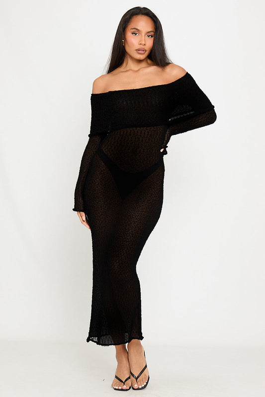 Black Sheer Off-Shoulder Maxi Dress | Elegant & Sultry | Effortless Glam