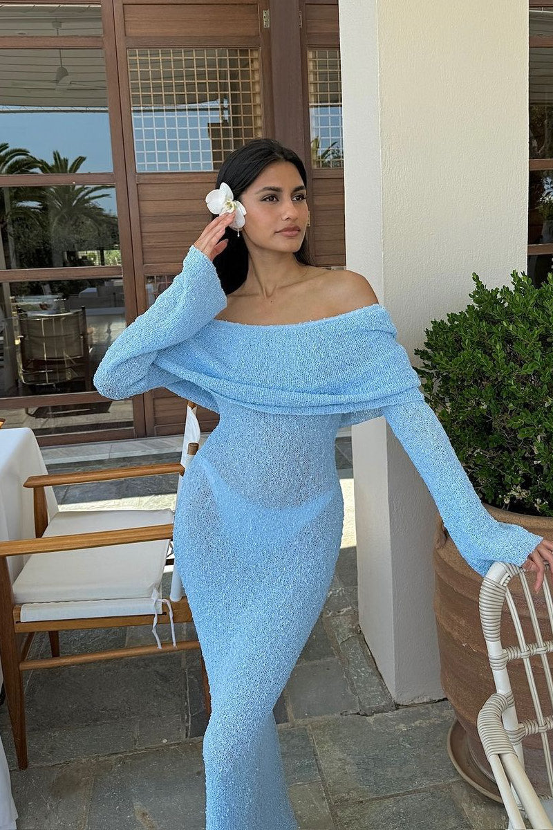 Off-Shoulder Knit Maxi Dress | Soft & Elegant | Sky Blue Chic