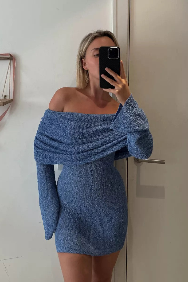 Blue Off-Shoulder Knit Mini Dress | Cozy & Chic | Effortless Glam