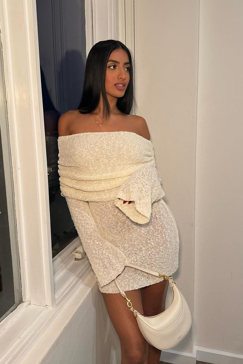 Off-Shoulder White Knit Mini Dress | Cozy & Chic | Effortless Elegance