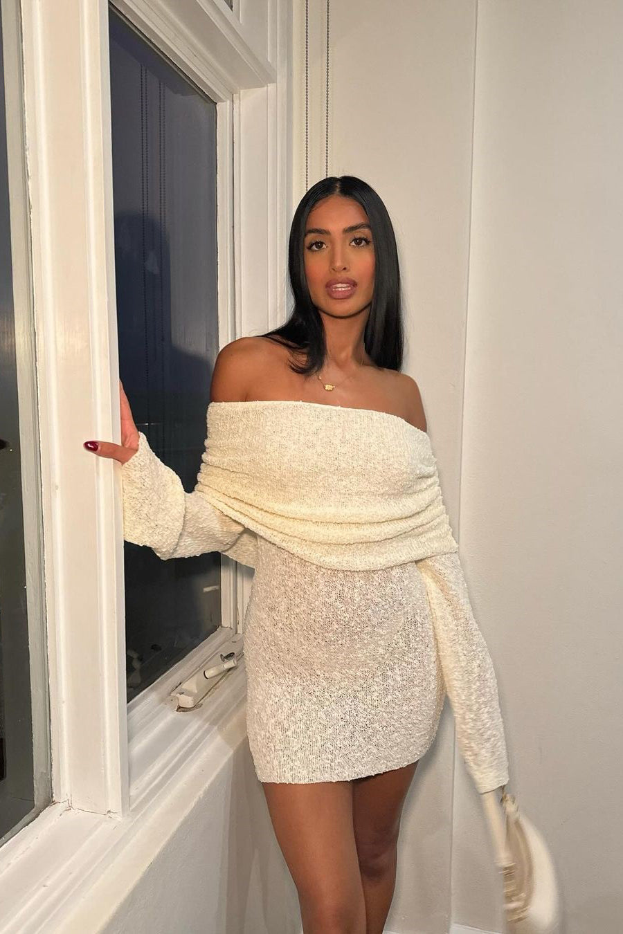 Off-Shoulder White Knit Mini Dress | Cozy & Chic | Effortless Elegance