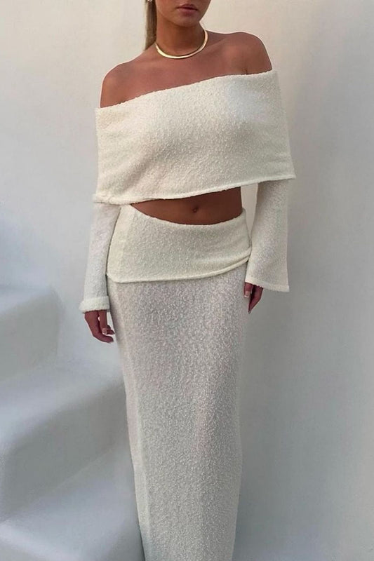 Ivory Dusk Set | Off-Shoulder Knit Top & Maxi Skirt | Coastal Luxe Vibes
