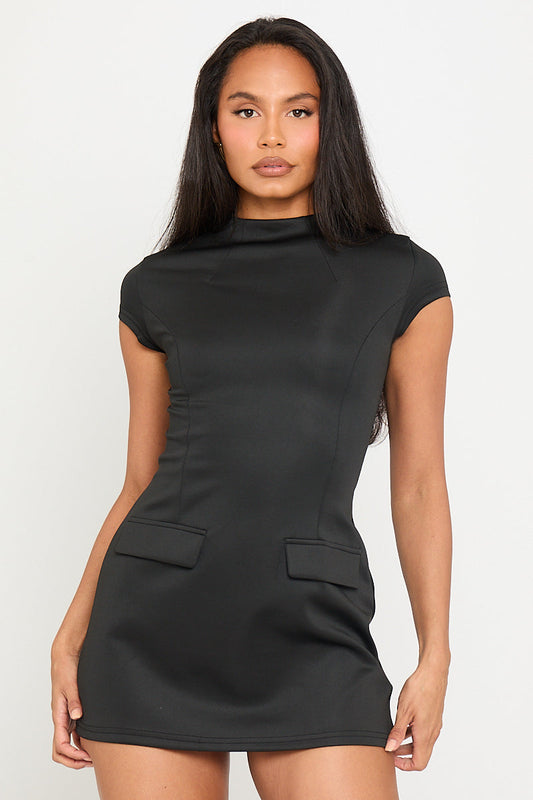 Black Satin High-Neck Mini Dress | Sleek & Sophisticated | Modern Glam