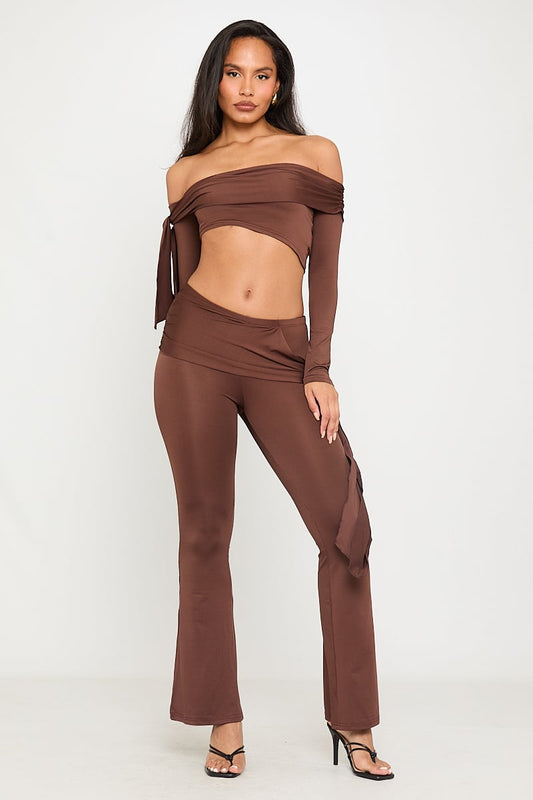 Terra Set | Off-Shoulder Crop Top & Split Flare Pants | Chocolate Brown Chic