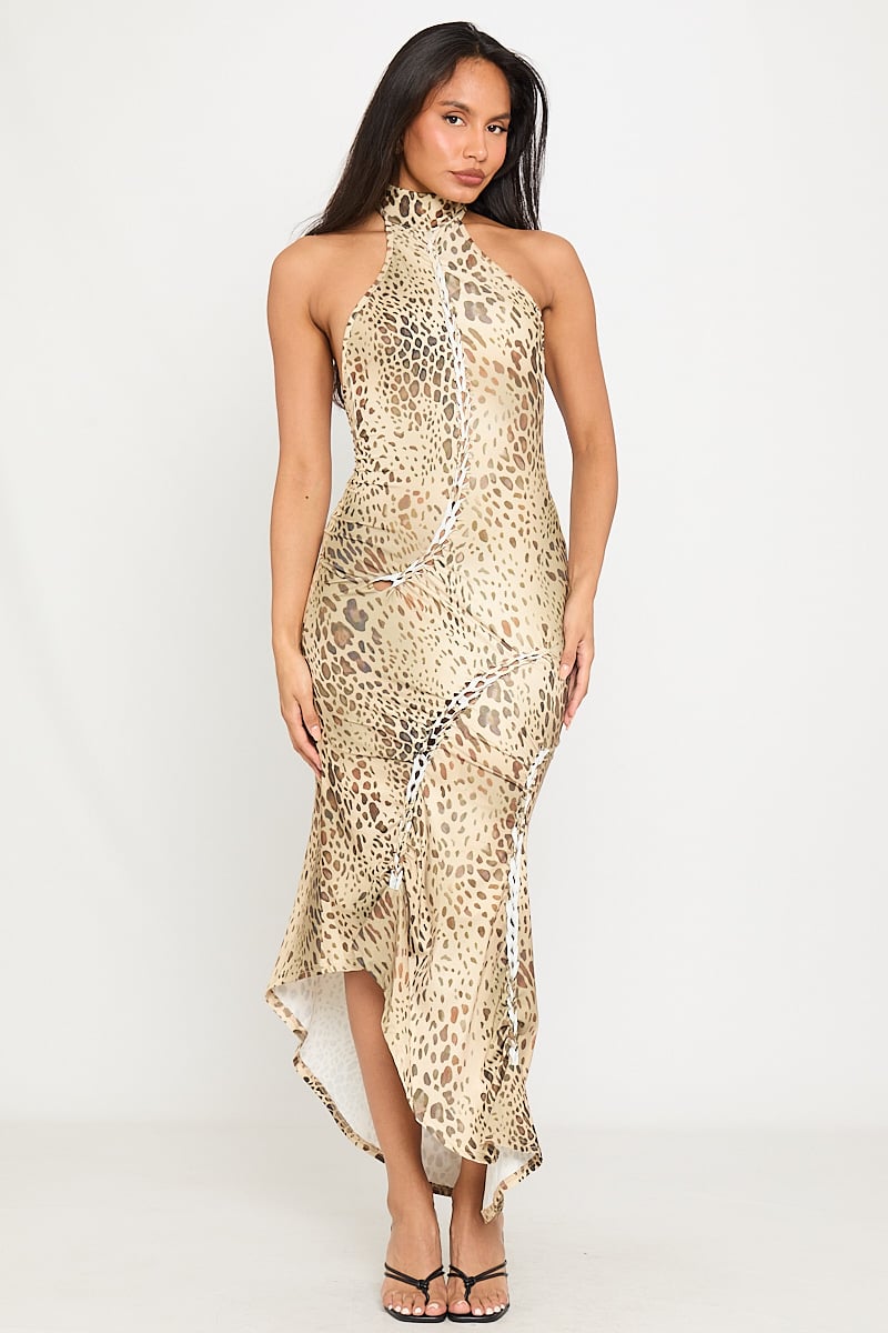 Leopard Print Satin Halter Dress | Luxe & Fierce | Asymmetrical Hem