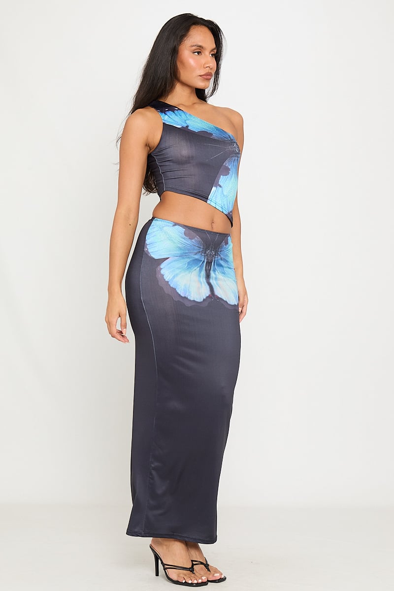 Luna Butterfly Set | One-Shoulder Crop & Maxi Skirt | Dreamy & Bold
