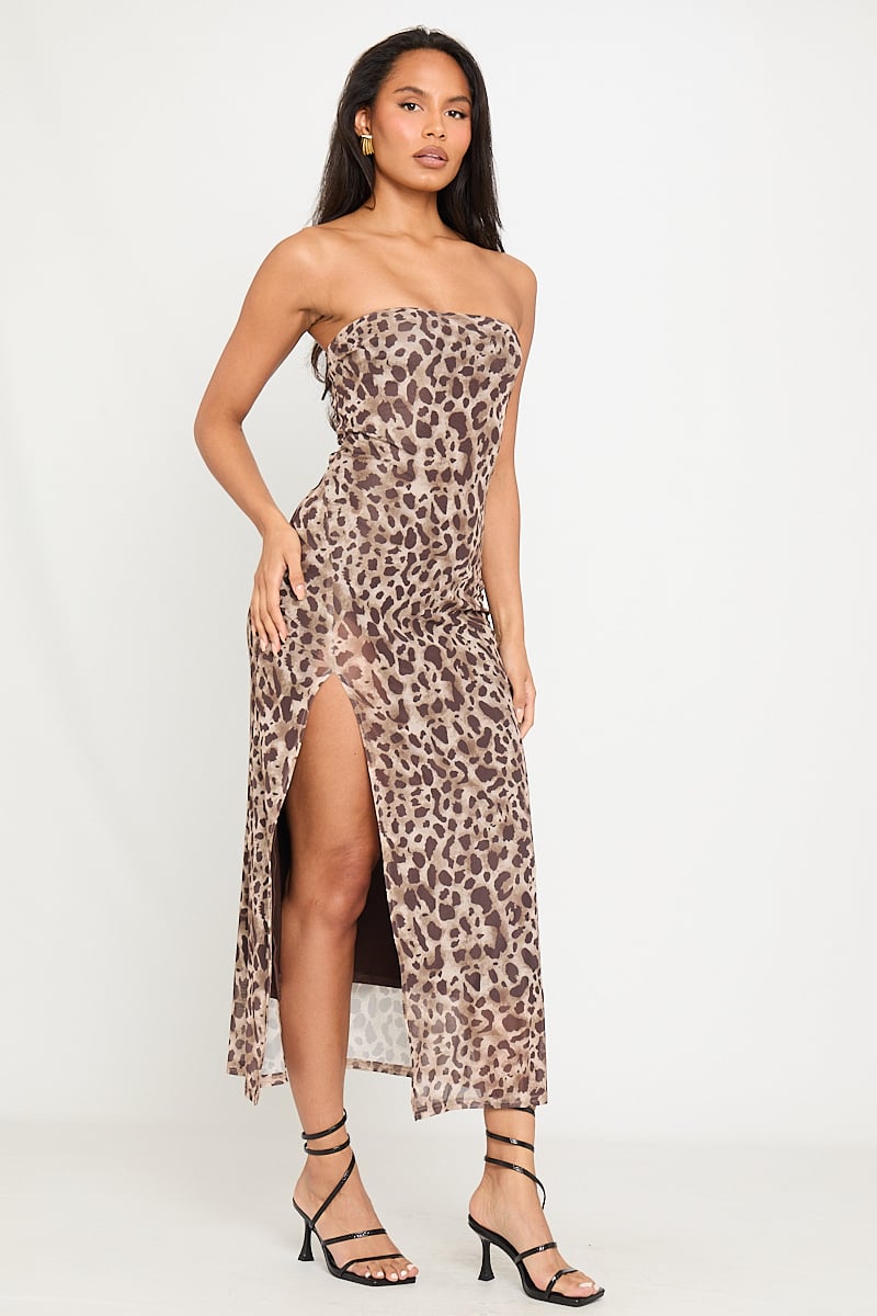 Leopard Print Strapless Maxi Dress | Fierce & Flirty | High-Slit Detail