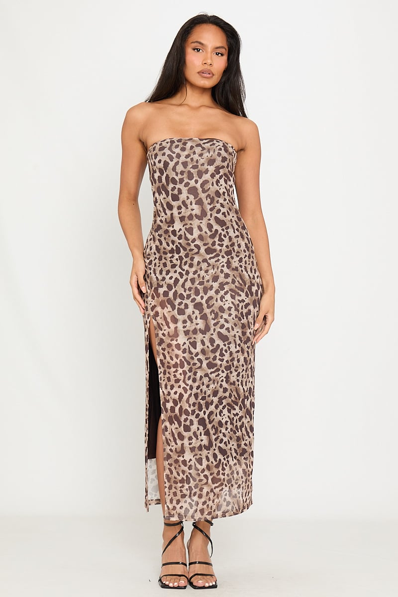 Leopard Print Strapless Maxi Dress | Fierce & Flirty | High-Slit Detail